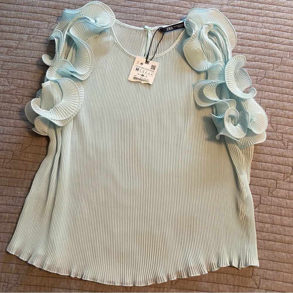 Blue Zara Boho Ruffle Sleeve Pleated Blouse Top
